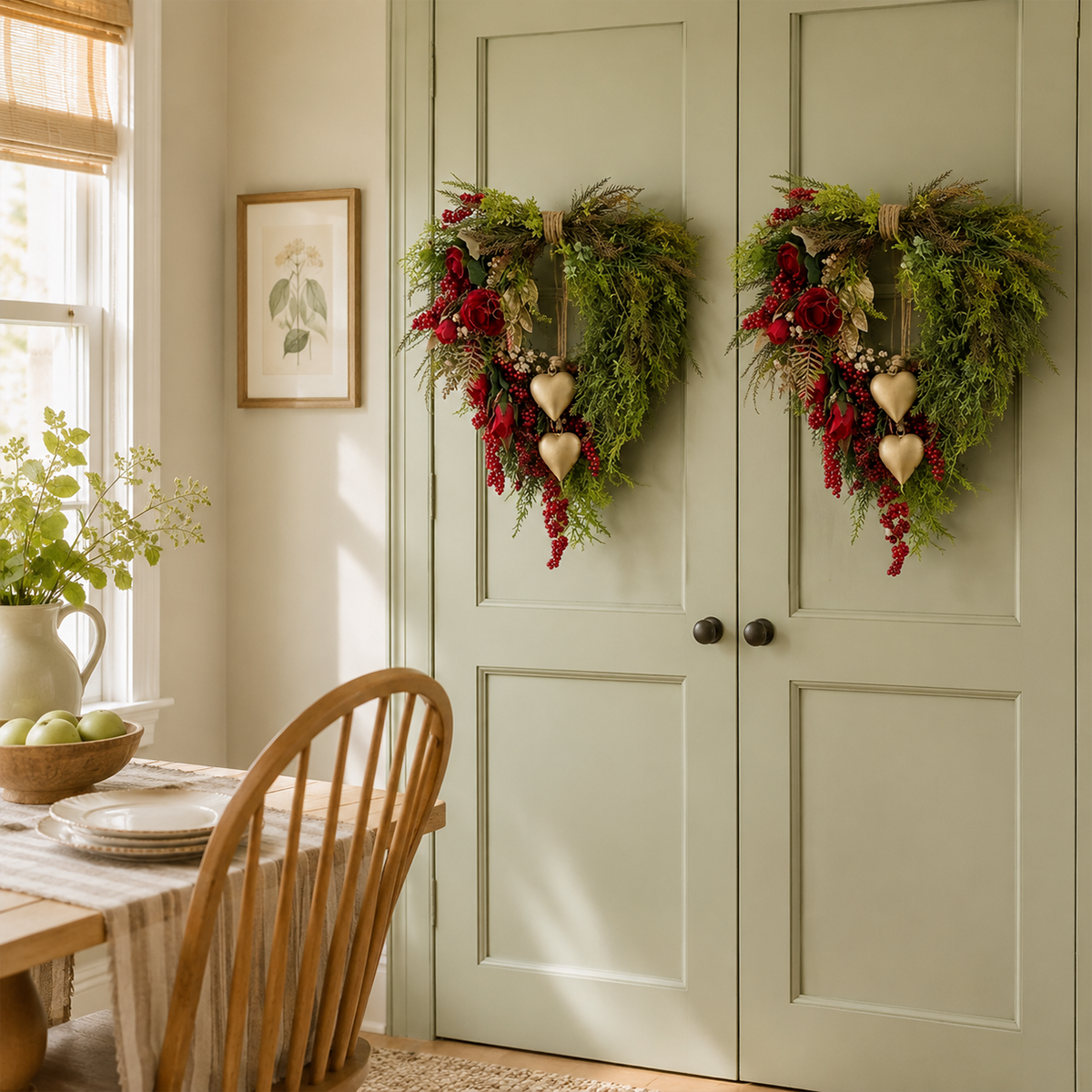 ❤️Farmhouse Heart Wreath: Gold Bells, Red Roses & Berries🎉