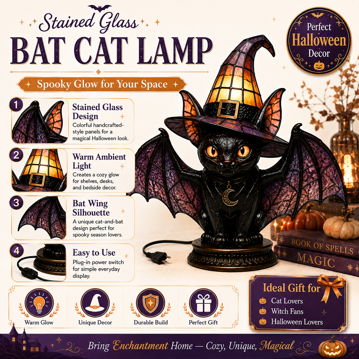 🔥Exclusive Limited Item 🐈 Gothic Stained Glass Witch Black Cat Table Lamp | Halloween Witch Hat Night Light Decor