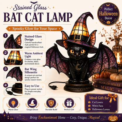 🔥Exclusive Limited Item 🐈 Gothic Stained Glass Witch Black Cat Table Lamp | Halloween Witch Hat Night Light Decor