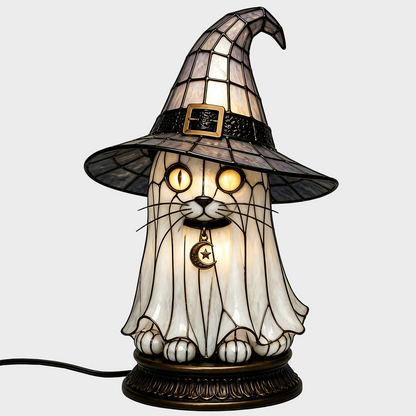 🔥Exclusive Limited Item 🐈 Gothic Stained Glass Witch Black Cat Table Lamp | Halloween Witch Hat Night Light Decor