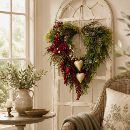 ❤️Farmhouse Heart Wreath: Gold Bells, Red Roses & Berries🎉