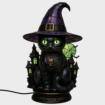 🔥Exclusive Limited Item 🐈 Gothic Stained Glass Witch Black Cat Table Lamp | Halloween Witch Hat Night Light Decor