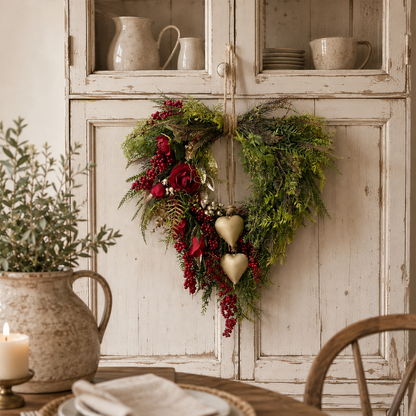 ❤️Farmhouse Heart Wreath: Gold Bells, Red Roses & Berries🎉
