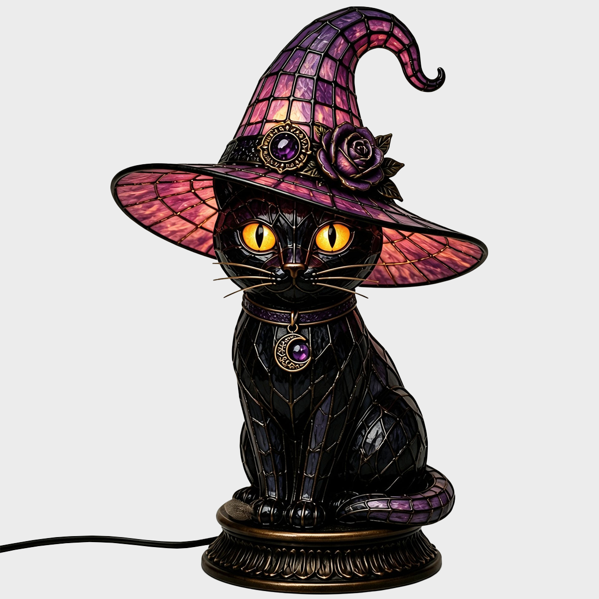 🔥Exclusive Limited Item 🐈 Gothic Stained Glass Witch Black Cat Table Lamp | Halloween Witch Hat Night Light Decor