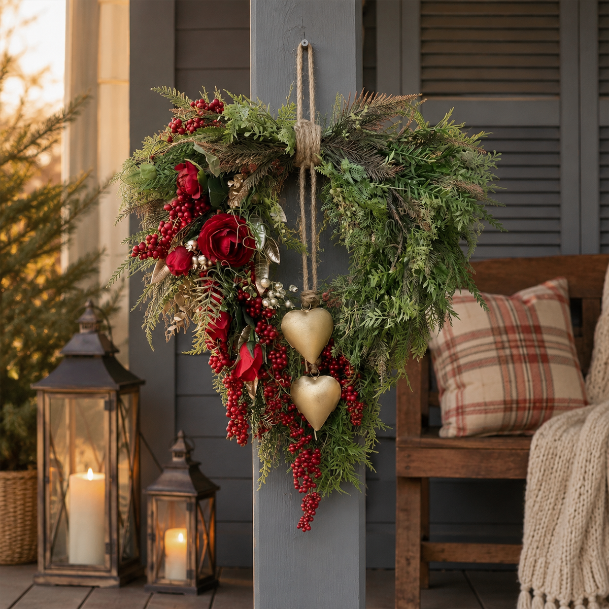 ❤️Farmhouse Heart Wreath: Gold Bells, Red Roses & Berries🎉