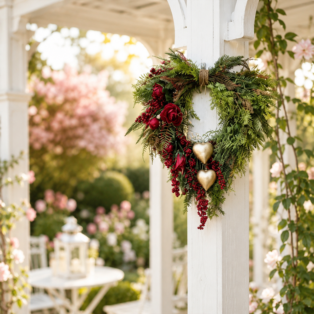 ❤️Farmhouse Heart Wreath: Gold Bells, Red Roses & Berries🎉