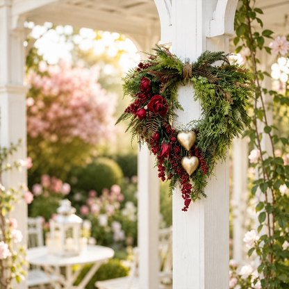 ❤️Farmhouse Heart Wreath: Gold Bells, Red Roses & Berries🎉