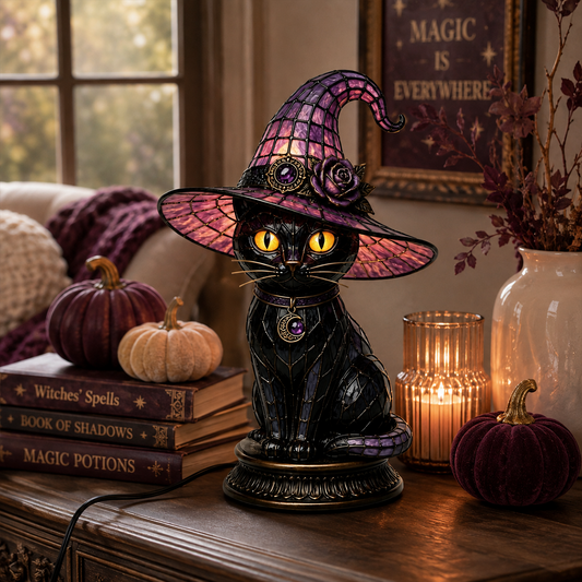 🔥Exclusive Limited Item 🐈 Gothic Stained Glass Witch Black Cat Table Lamp | Halloween Witch Hat Night Light Decor