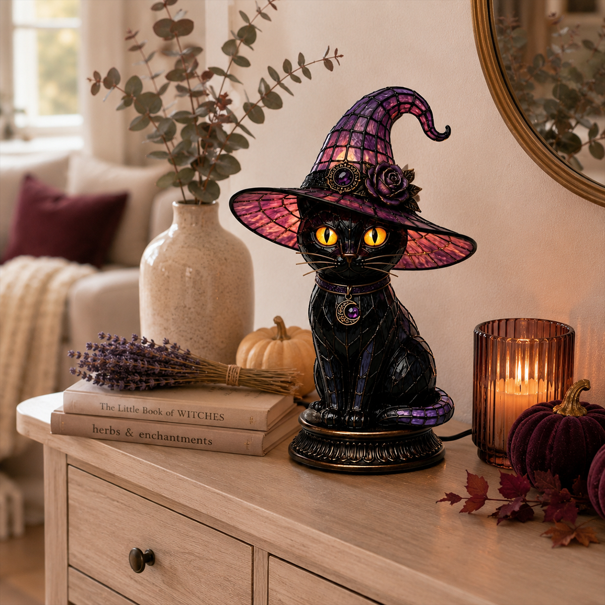 🔥Exclusive Limited Item 🐈 Gothic Stained Glass Witch Black Cat Table Lamp | Halloween Witch Hat Night Light Decor