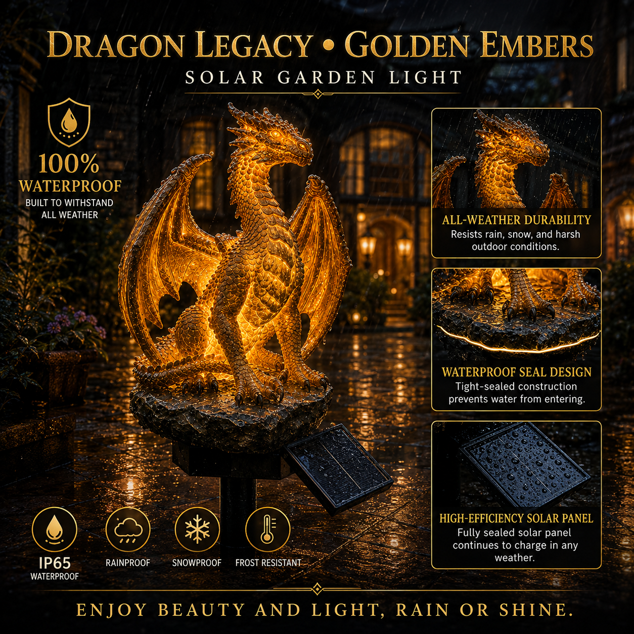 🐉Gothic Dragon Golden Fire Solar Landscape Light✨