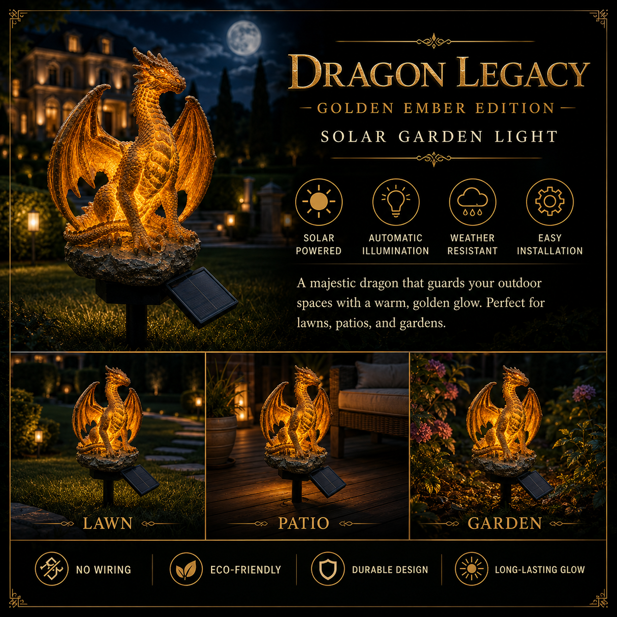 🐉Gothic Dragon Golden Fire Solar Landscape Light✨