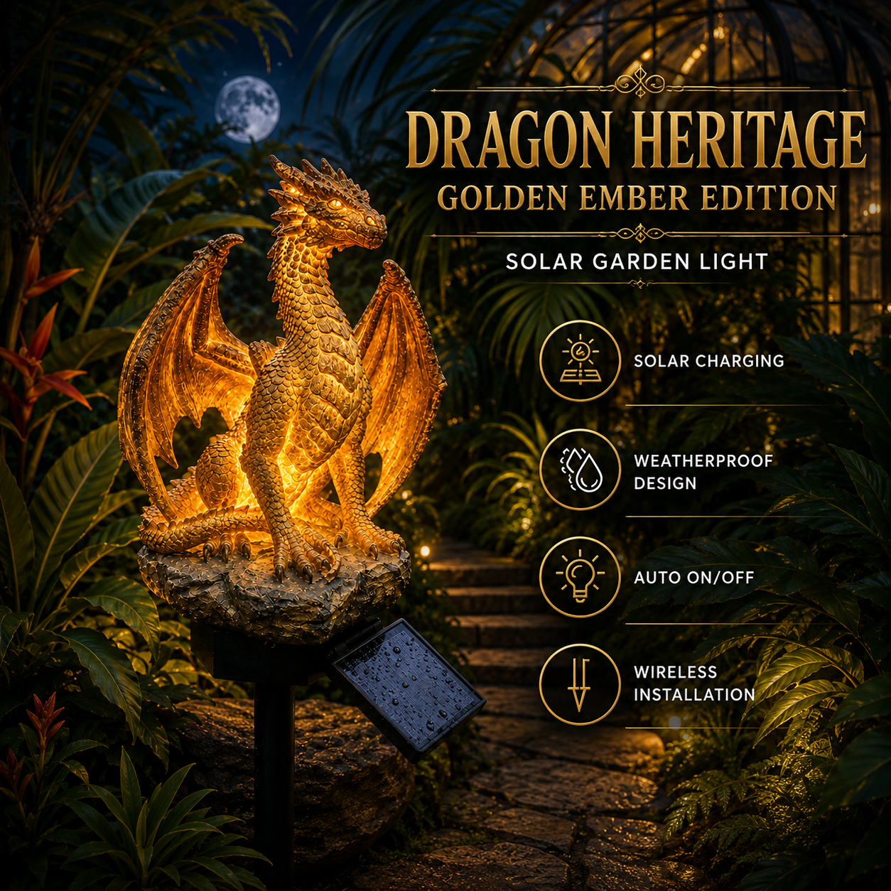 🐉Gothic Dragon Golden Fire Solar Landscape Light✨
