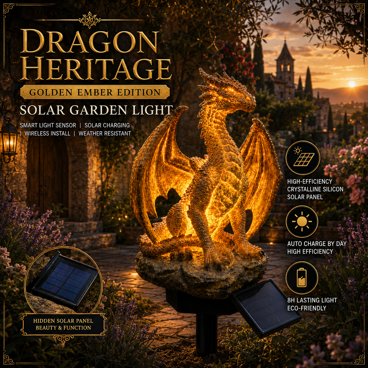 🐉Gothic Dragon Golden Fire Solar Landscape Light✨