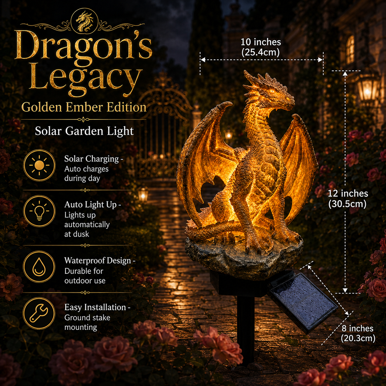 🐉Gothic Dragon Golden Fire Solar Landscape Light✨