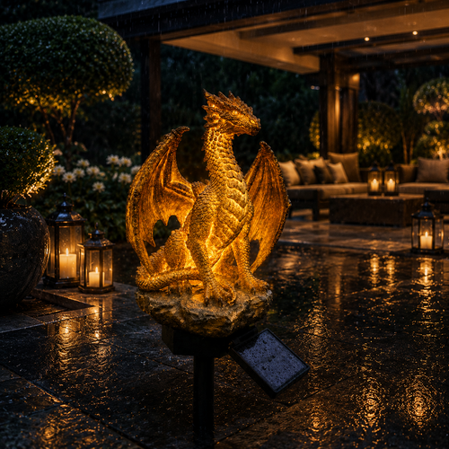 🐉Gothic Dragon Golden Fire Solar Landscape Light✨