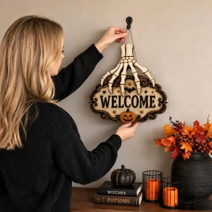 💀Skeleton Hand Welcome Sign | Creepy Halloween Door Hanging Decoration
