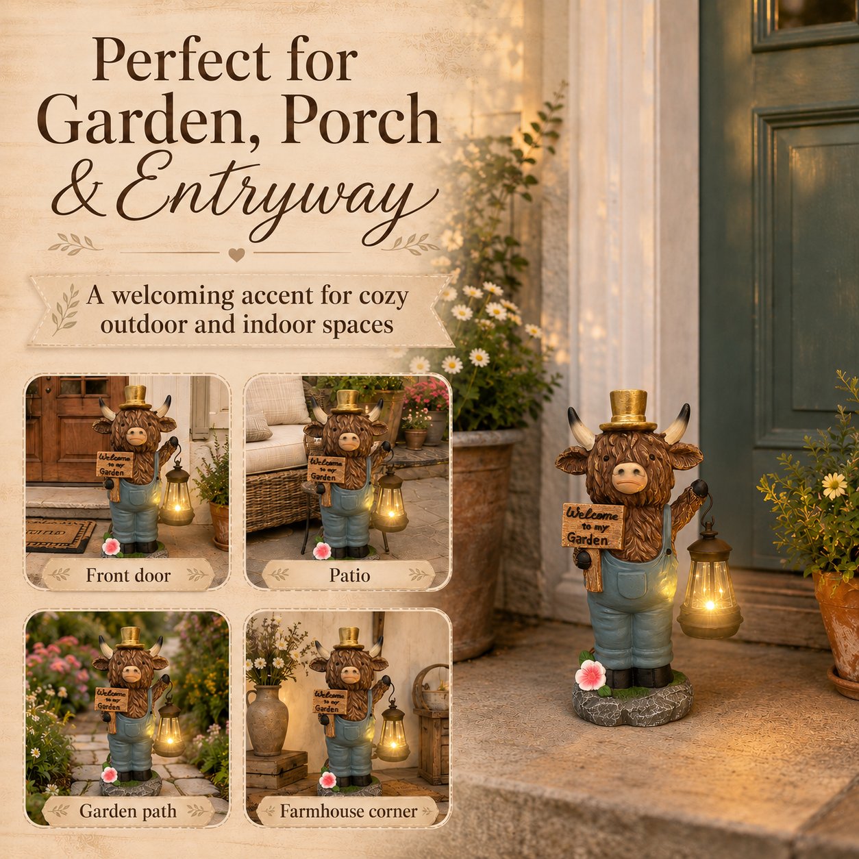 🔥50% OFF TODAY🔥 Highland Cow Garden Lantern Statue 🐮✨ Rustic Farmhouse Outdoor Decor for Garden, Porch, Patio & Yard