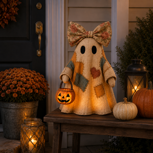 👻 Vintage Patchwork Ghost Decor(✨ LED Pumpkin Lantern)
