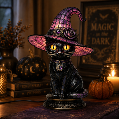 🔥Exclusive Limited Item 🐈 Gothic Stained Glass Witch Black Cat Table Lamp | Halloween Witch Hat Night Light Decor