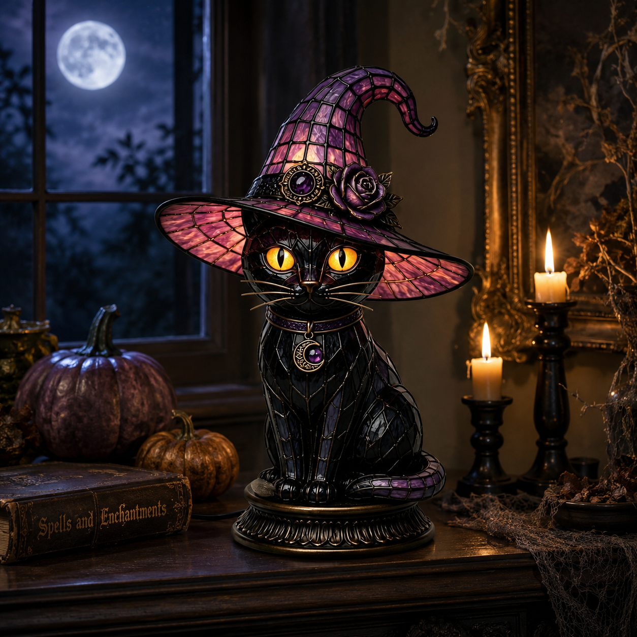 🔥Exclusive Limited Item 🐈 Gothic Stained Glass Witch Black Cat Table Lamp | Halloween Witch Hat Night Light Decor