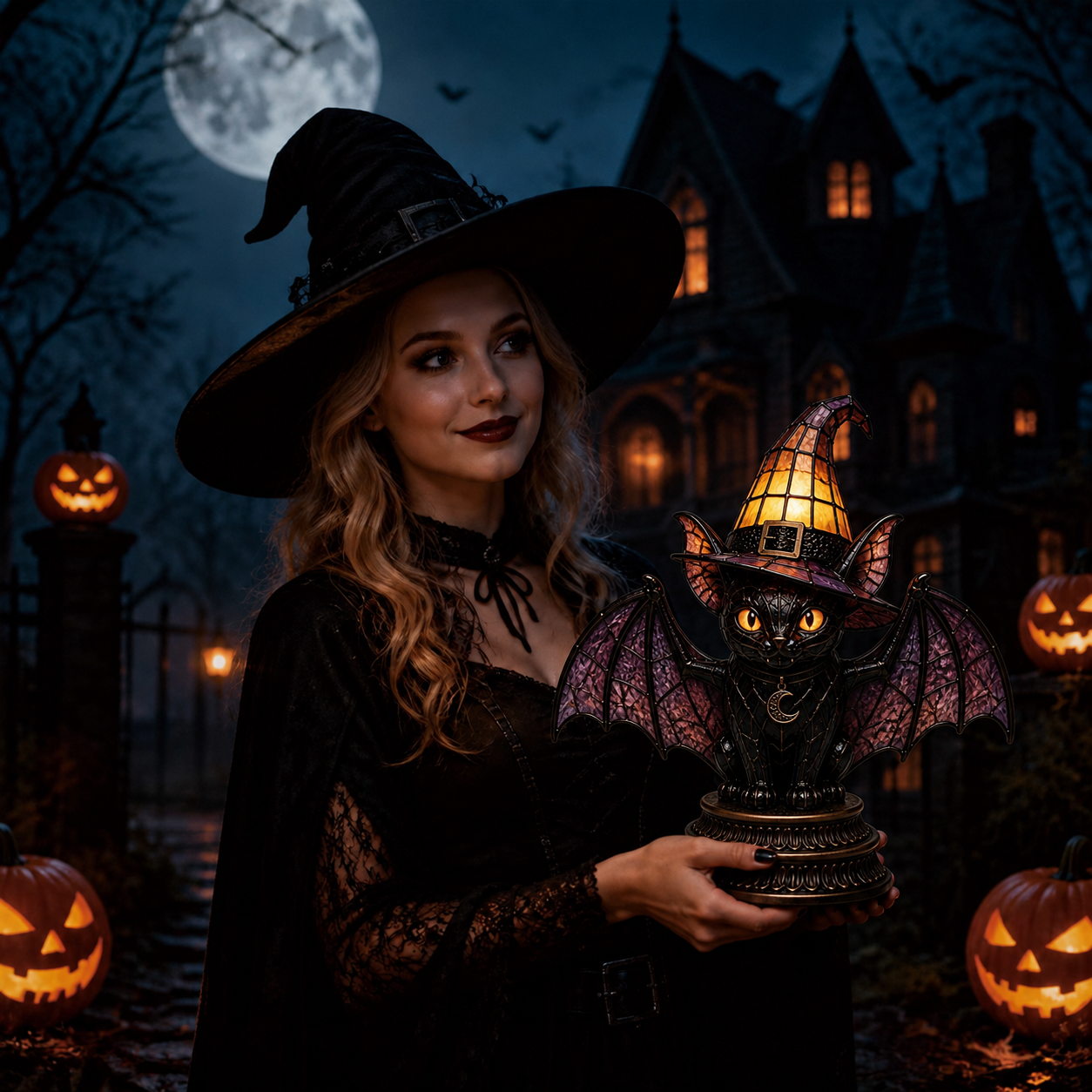 🔥Exclusive Limited Item 🐈 Gothic Stained Glass Witch Black Cat Table Lamp | Halloween Witch Hat Night Light Decor