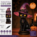 🔥Exclusive Limited Item 👍🔥50%OFF🐈 Gothic Stained Glass Witch Black Cat Table Lamp | Halloween Witch Hat Night Light Decor