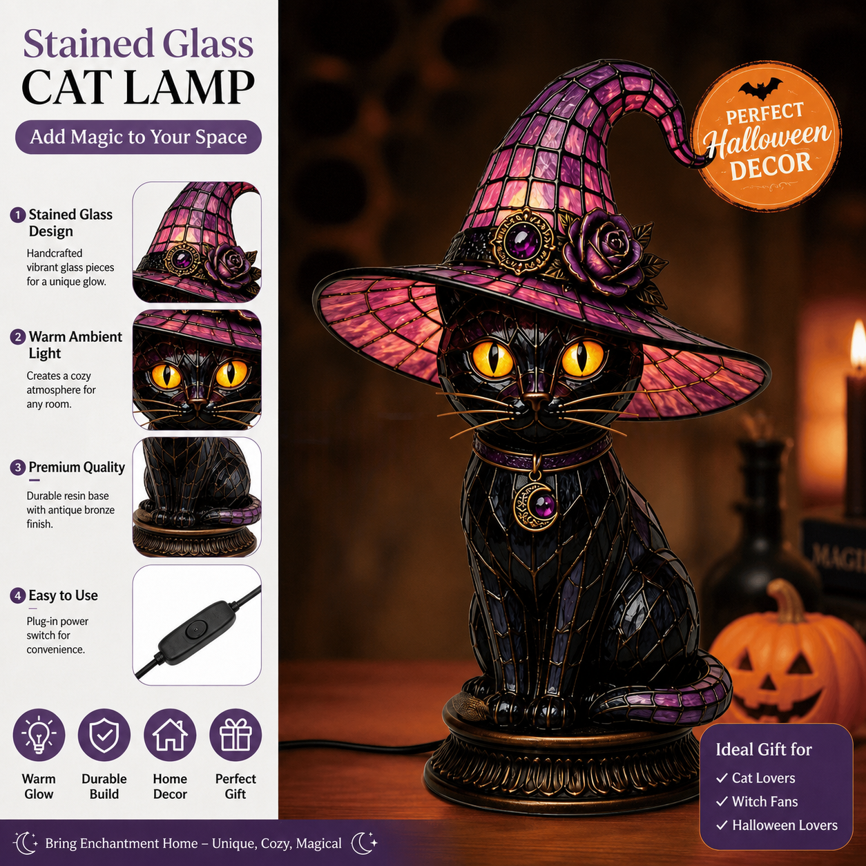 🔥Exclusive Limited Item 🐈 Gothic Stained Glass Witch Black Cat Table Lamp | Halloween Witch Hat Night Light Decor