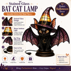 🔥Exclusive Limited Item 👍🔥50%OFF🐈 Gothic Stained Glass Witch Black Cat Table Lamp | Halloween Witch Hat Night Light Decor