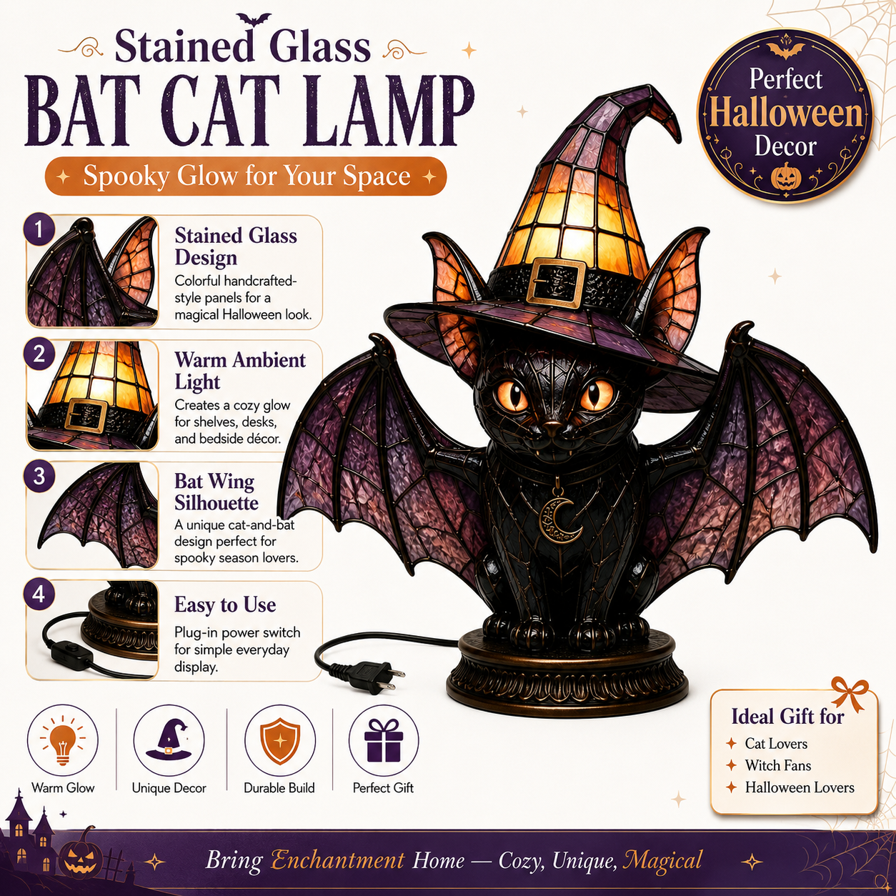 🔥Exclusive Limited Item 🐈 Gothic Stained Glass Witch Black Cat Table Lamp | Halloween Witch Hat Night Light Decor