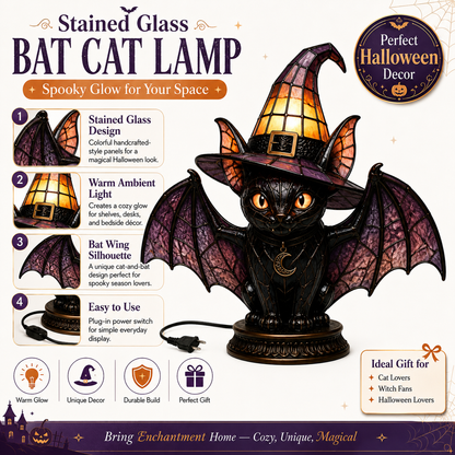 🔥Exclusive Limited Item 🐈 Gothic Stained Glass Witch Black Cat Table Lamp | Halloween Witch Hat Night Light Decor