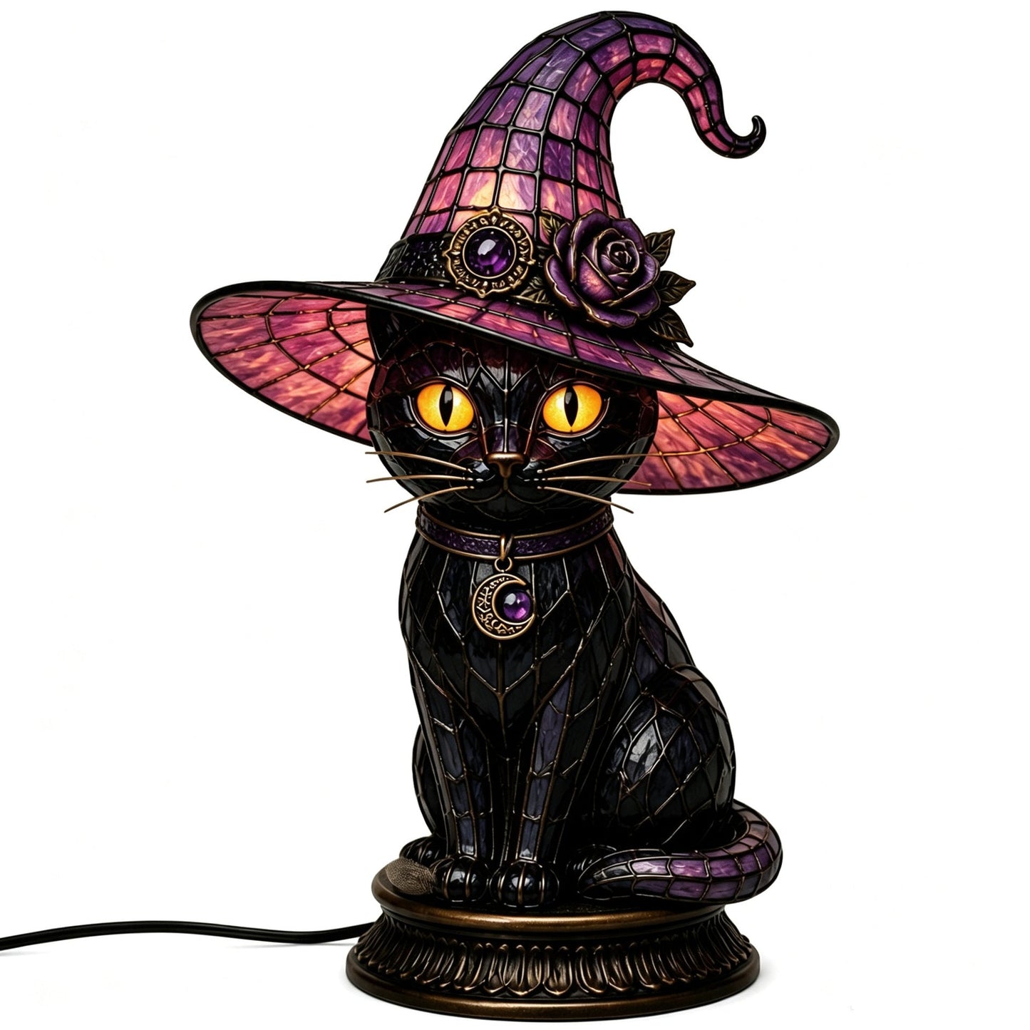 🔥Exclusive Limited Item 🐈 Gothic Stained Glass Witch Black Cat Table Lamp | Halloween Witch Hat Night Light Decor