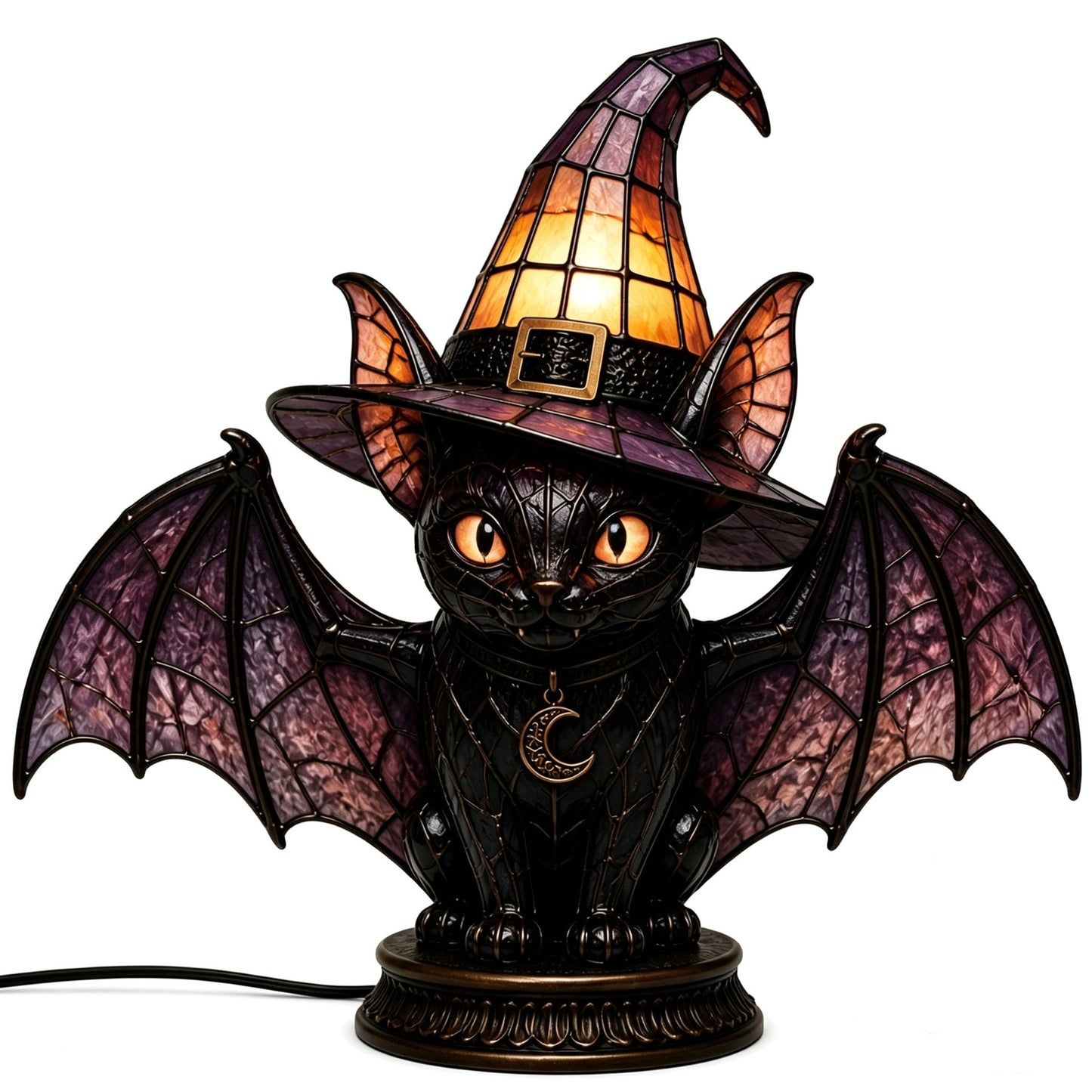 🔥Exclusive Limited Item 🐈 Gothic Stained Glass Witch Black Cat Table Lamp | Halloween Witch Hat Night Light Decor