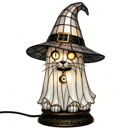 🔥Exclusive Limited Item 🐈 Gothic Stained Glass Witch Black Cat Table Lamp | Halloween Witch Hat Night Light Decor