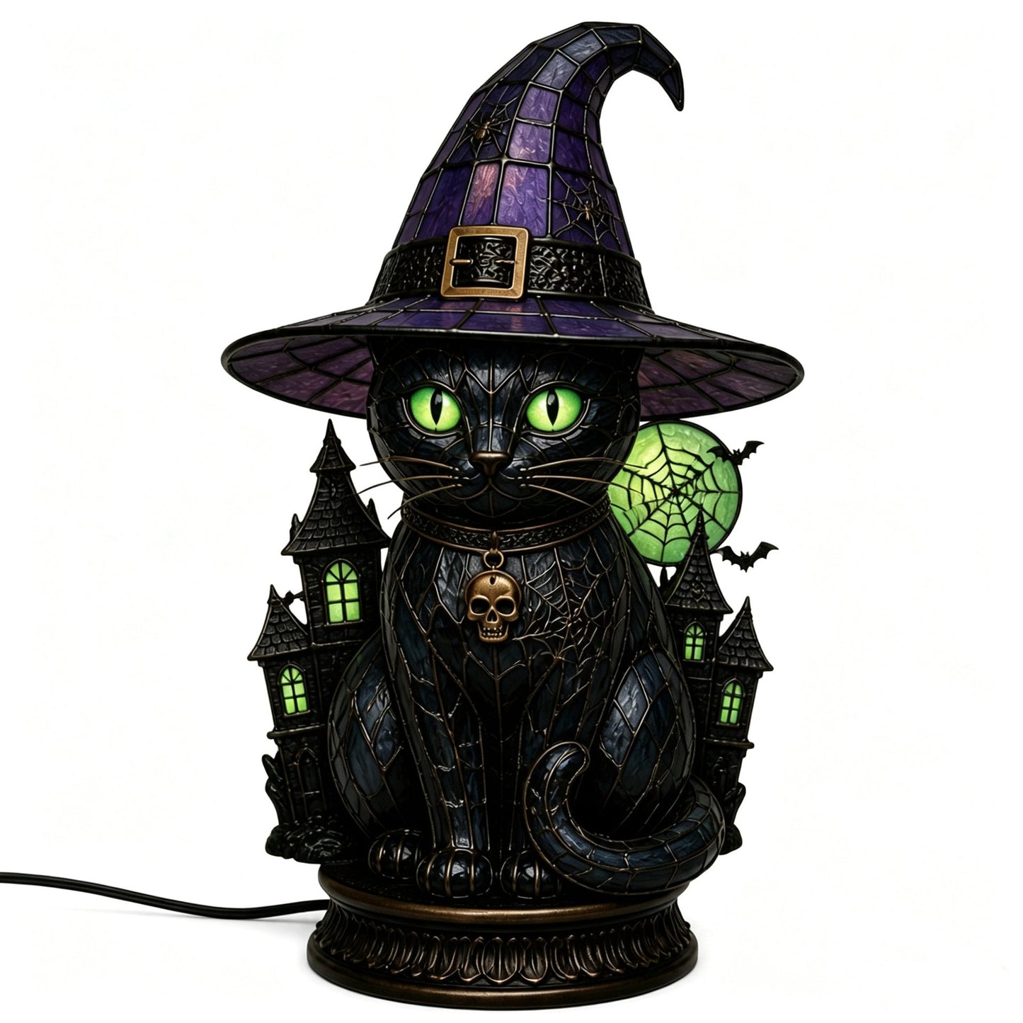 🔥Exclusive Limited Item 🐈 Gothic Stained Glass Witch Black Cat Table Lamp | Halloween Witch Hat Night Light Decor