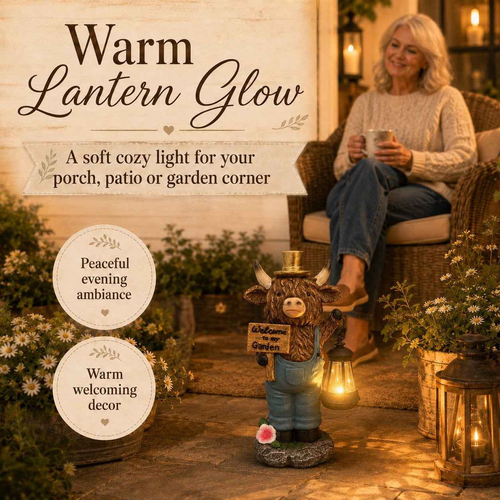 🔥50% OFF TODAY🔥 Highland Cow Garden Lantern Statue 🐮✨ Rustic Farmhouse Outdoor Decor for Garden, Porch, Patio & Yard