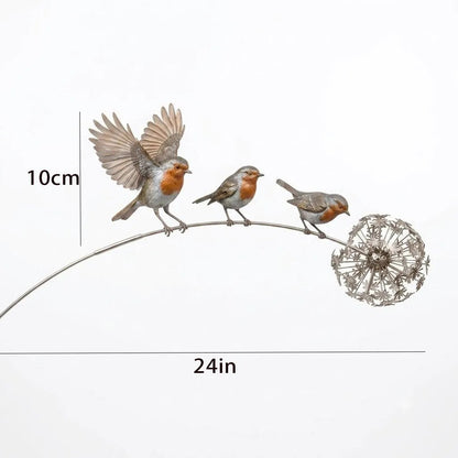 🌼 Metal Branch Garden Stake with Robin Bird 🍃 Dandelion Wind Sculpture Outdoor Yard Decor✨
