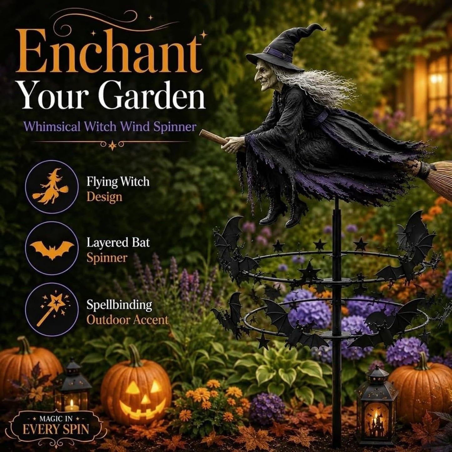 🎃Enchanted Witch Garden Wind Spinner 🧙‍♀️ Outdoor Halloween Yard Decor for Patio, Porch & Garden
